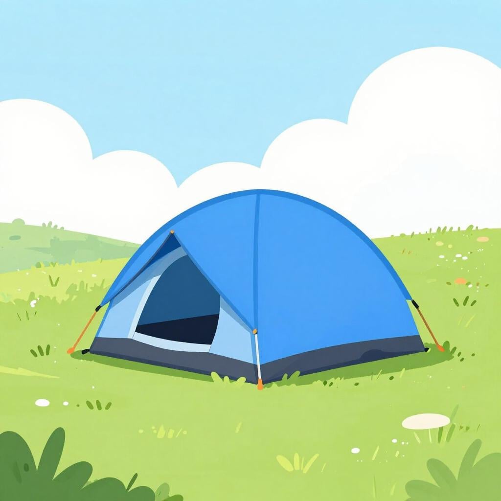 Una tenda colorata piantata in un prato verde con alcune montagne sullo sfondo.