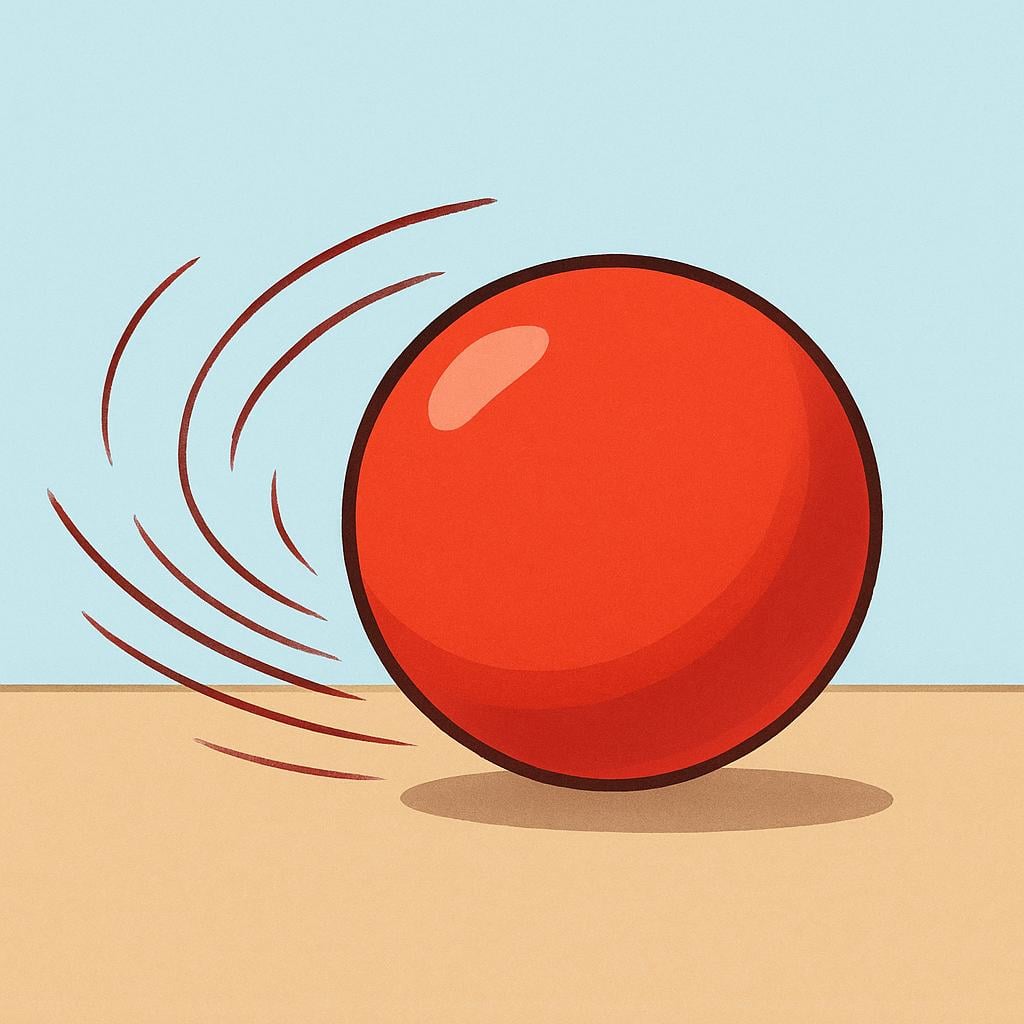 A bright red spherical ball actively rolling across a flat, light brown surface, with motion lines indicating movement.