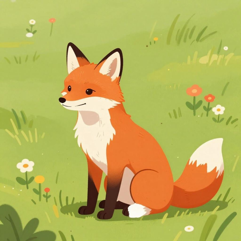 A female fox with bright orange fur sitting in a green meadow.