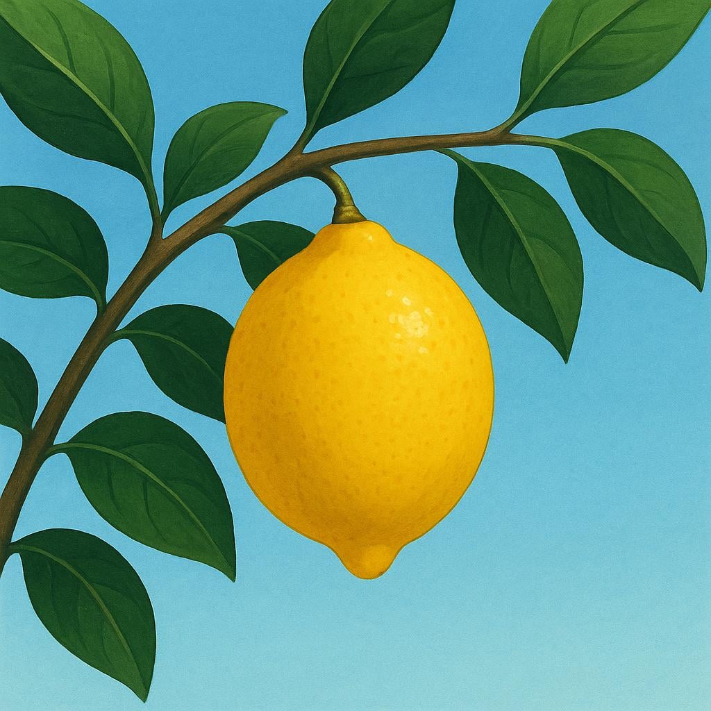 A close-up, simple illustration of a ripe, bright yellow lemon hanging from a branch surrounded by dark green leaves, representing characteristics related to southern regions.
