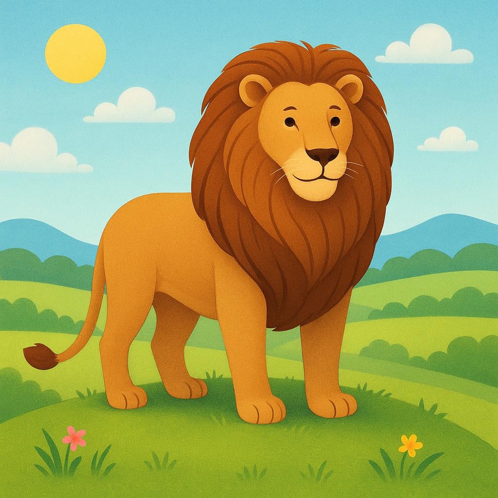 A majestic lion with a golden mane standing calmly on a small hill overlooking a valley, symbolizing powerful demeanor and impactful quality.
