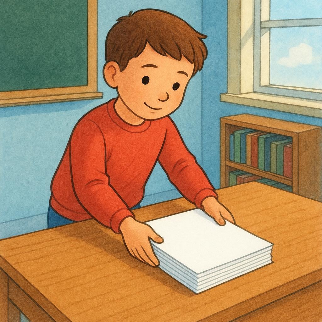 A young student placing a neat stack of white papers, representing homework or a report, onto a large wooden desk.