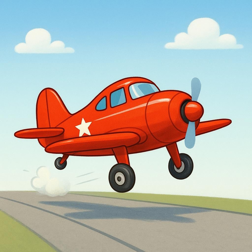 A colorful storybook illustration showing a small, vintage red toy airplane just lifting off the ground from the end of a runway, symbolizing the beginning of flight.