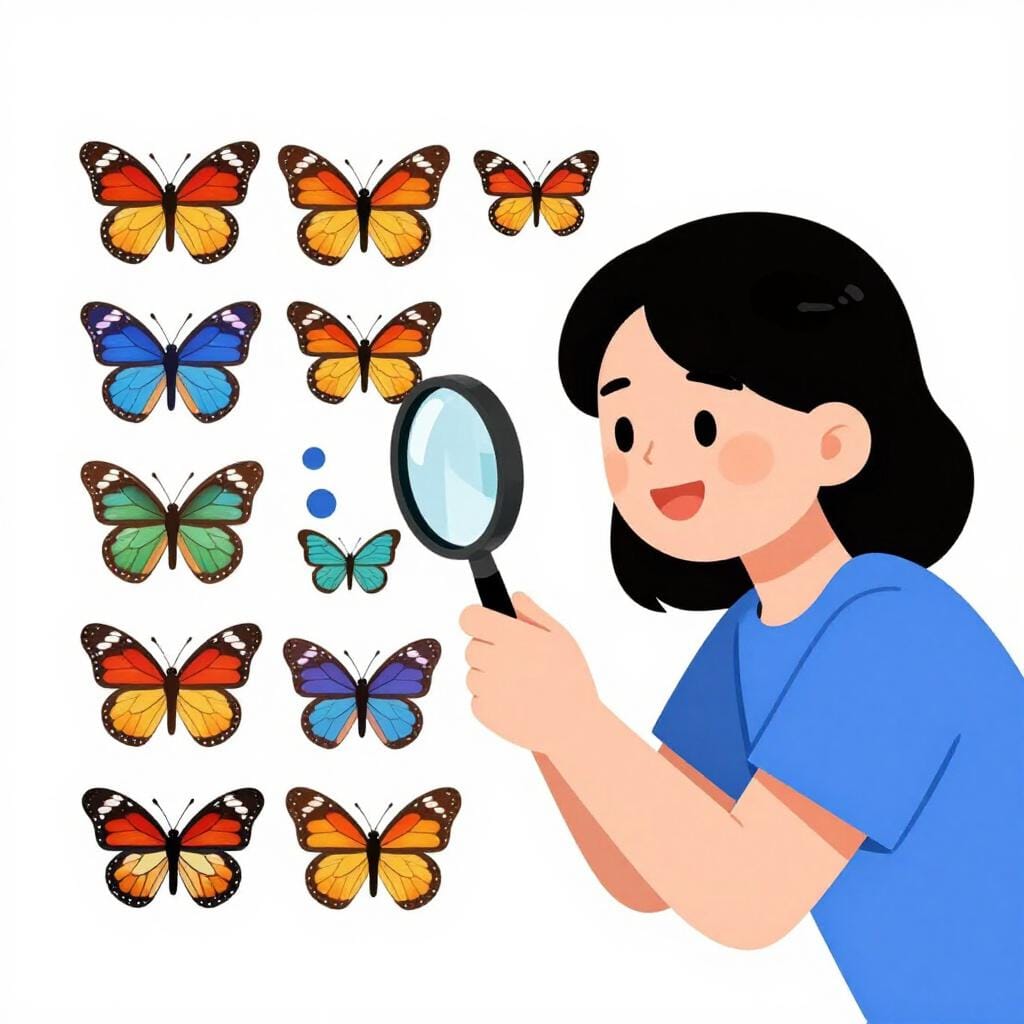 Uma pessoa olhando feliz através de uma lupa para uma coleção colorida de borboletas.