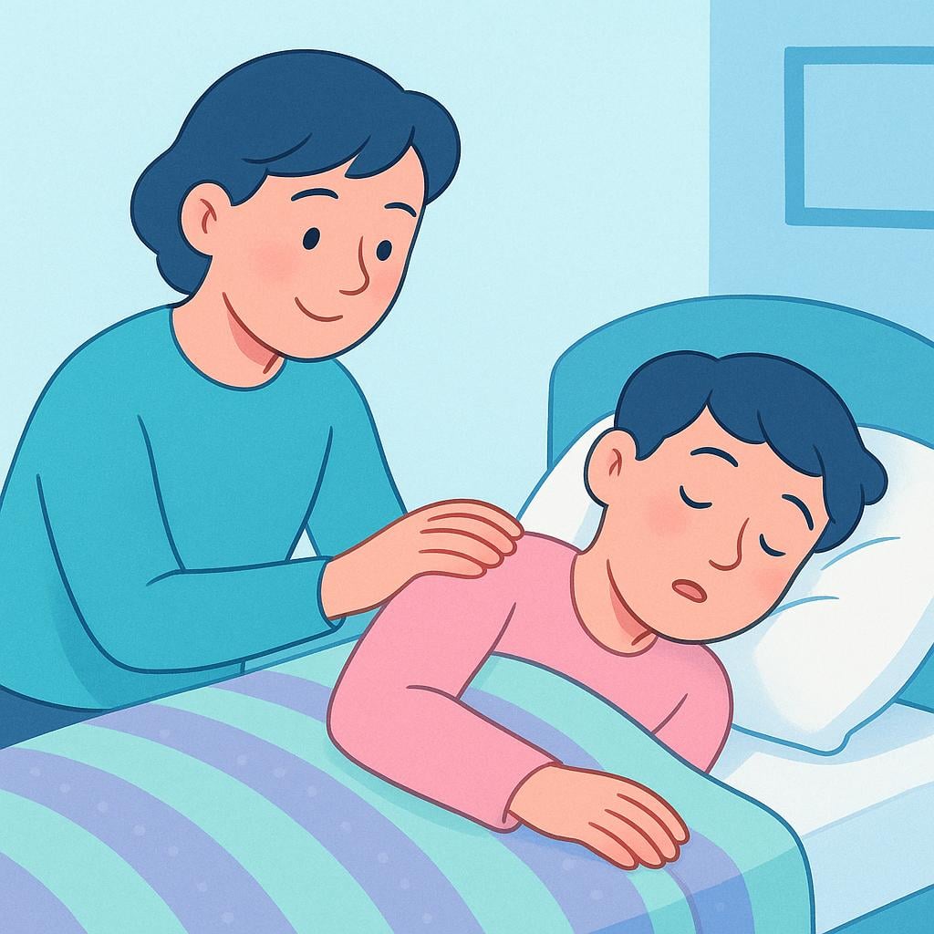 One person gently touching the shoulder of another person who is asleep under a blanket, initiating the wake-up process.