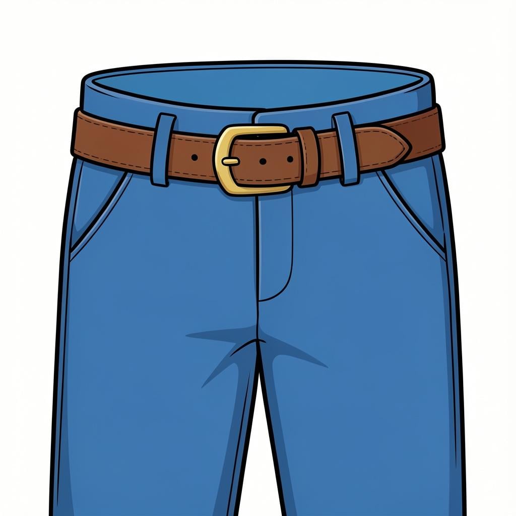 A close-up of a pair of trousers showing the waistband and a belt.