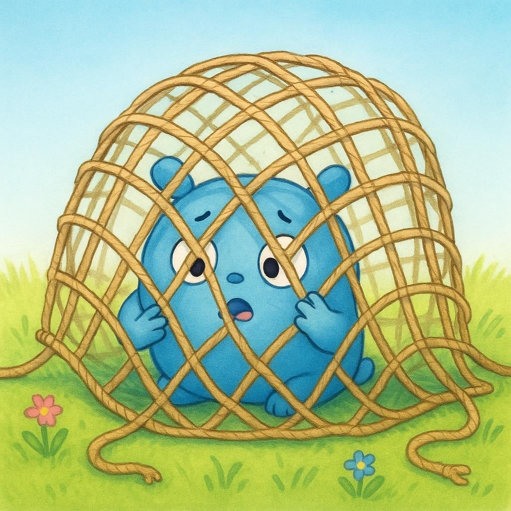 A small, simple cartoon creature looking worried while caught inside a large, restrictive net on green grass.