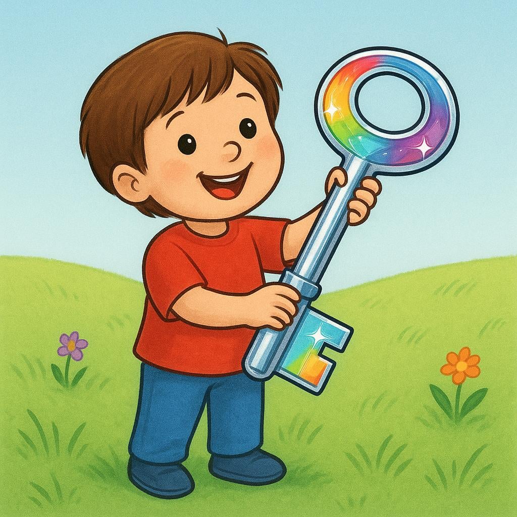 A joyful illustration of a person holding a large, colorful key they have just found on the ground.