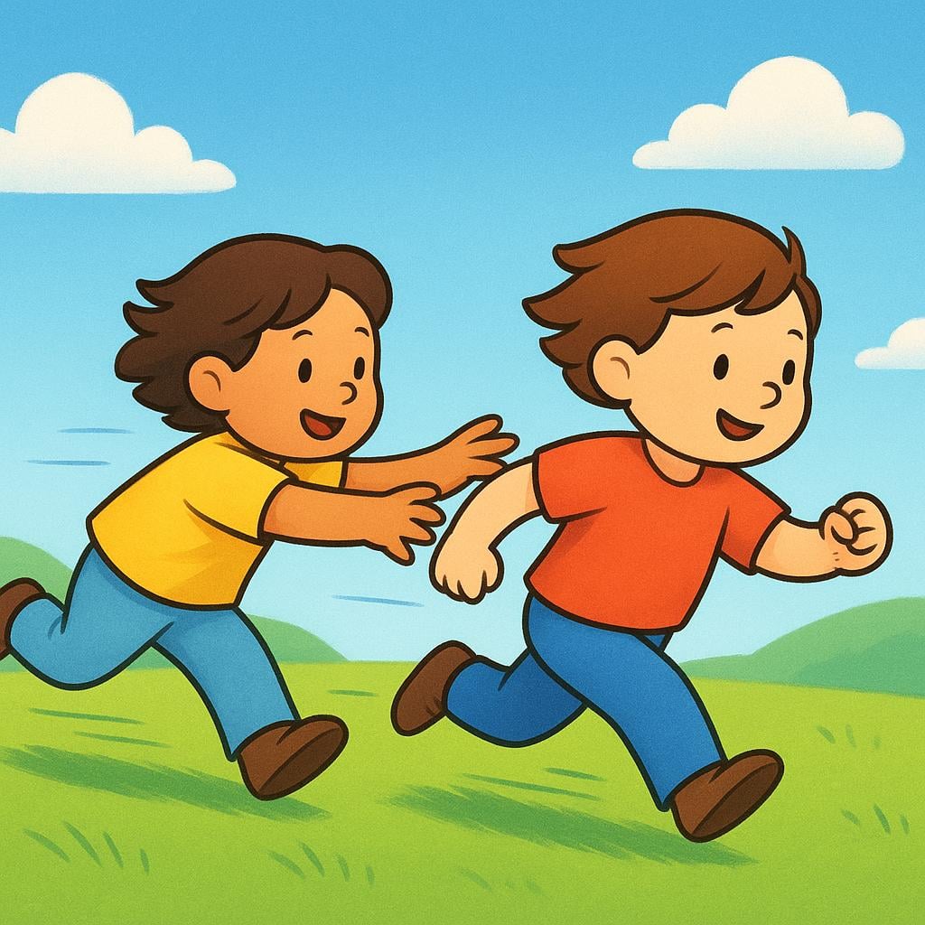 A colorful illustration showing a child in a blue shirt running quickly after another child in a red shirt across a grassy hill, illustrating a physical chase.