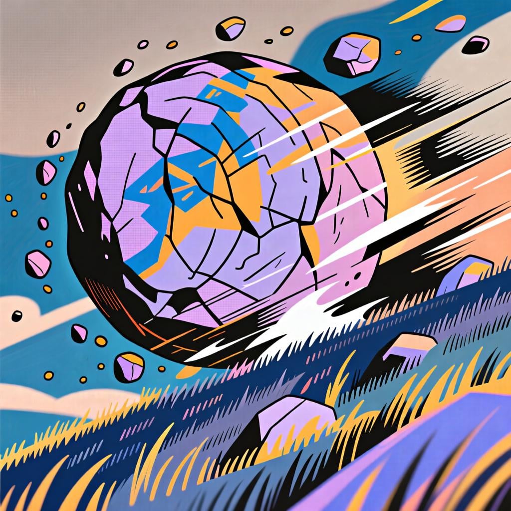 A large boulder rolling down a hill, representing the concept of momentum and opportunity.