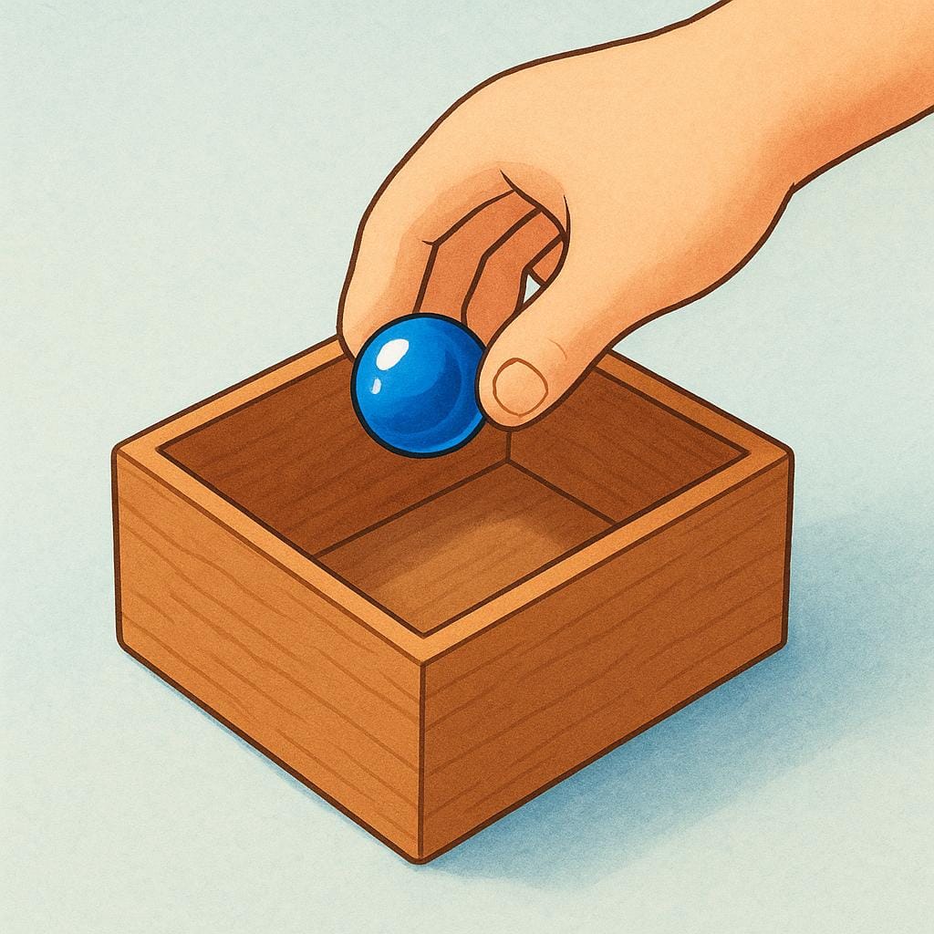 A simple cartoon character's hand reaching into a small, open wooden box and lifting a single bright blue marble out.