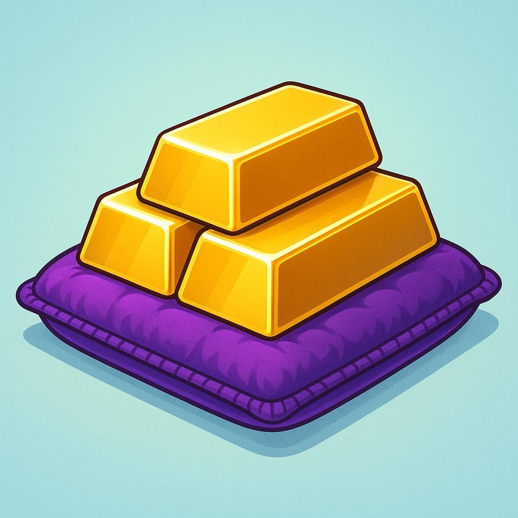 A simple illustration of three stacked gold bars sitting on a cushion, representing a valuable financial asset.