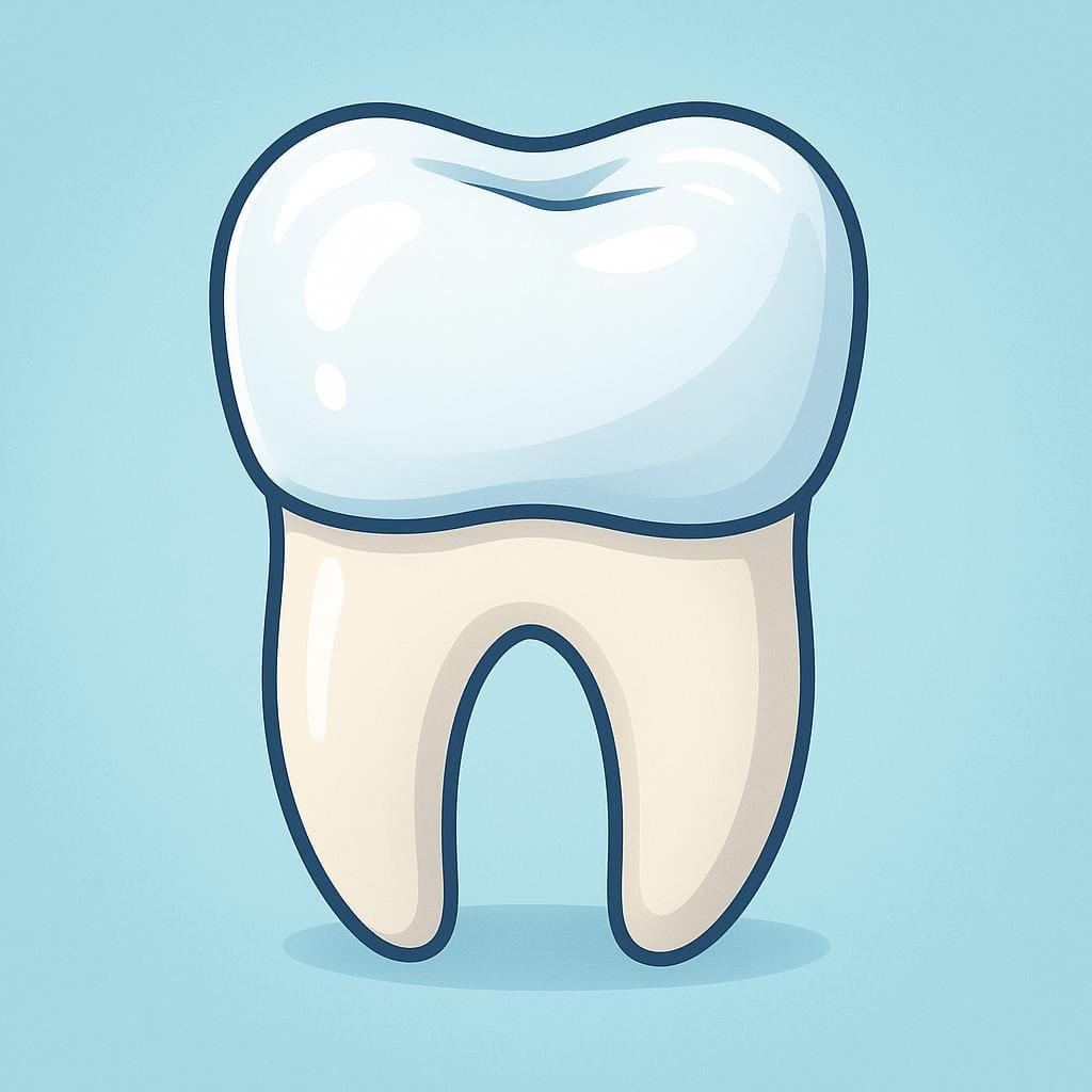 A close-up illustration of a single white tooth with a perfectly fitted, shiny white dental crown placed over it.