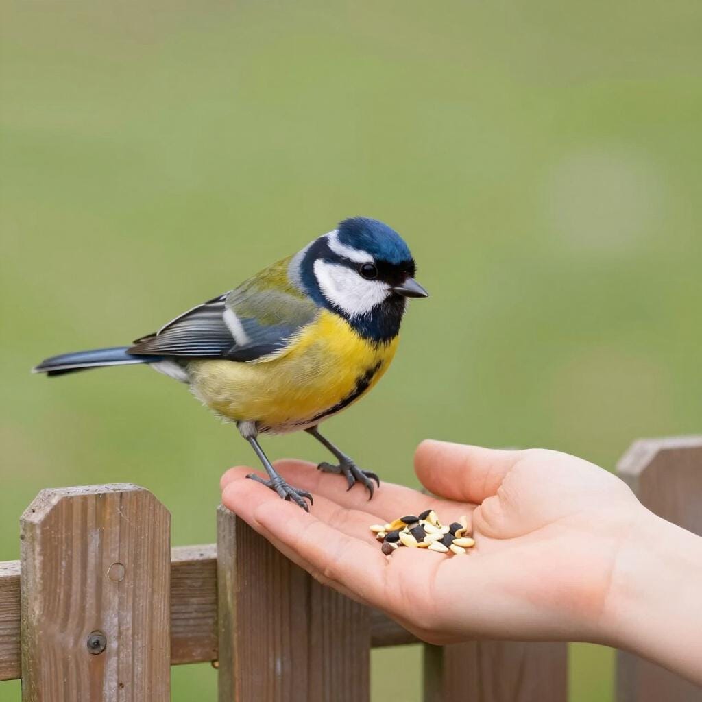 A small bird being fed seeds from a person's open hand.