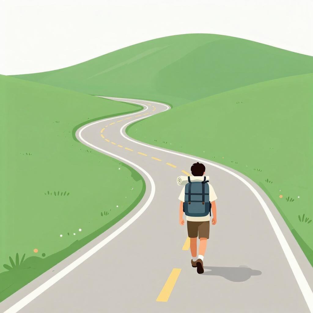 Een persoon die over een lang pad loopt met een kleine rugzak en een slaapzak, kijkend naar een verre horizon.