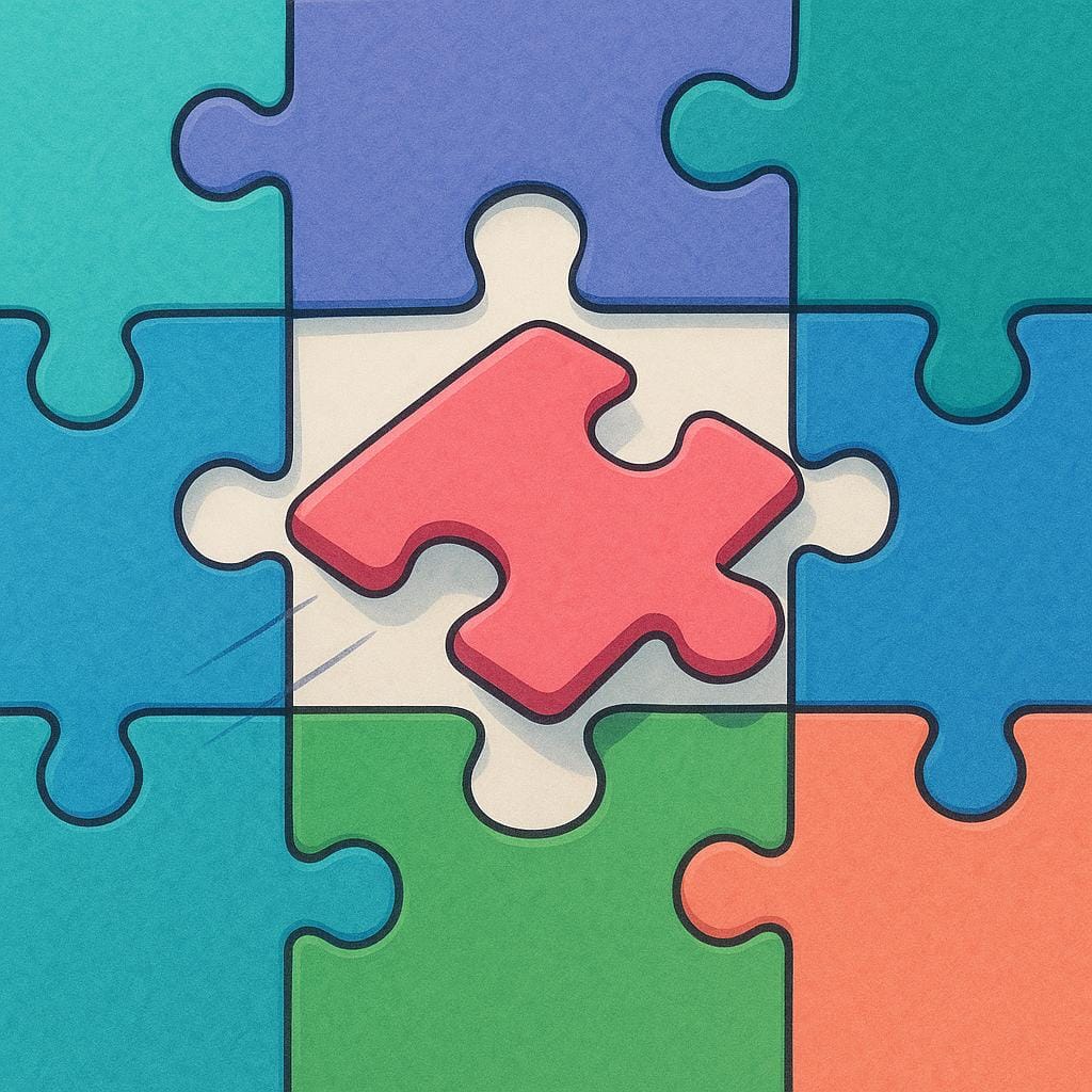 A brightly colored, simple illustration showing a single puzzle piece fitting perfectly into the gap in a larger puzzle, symbolizing correctness.