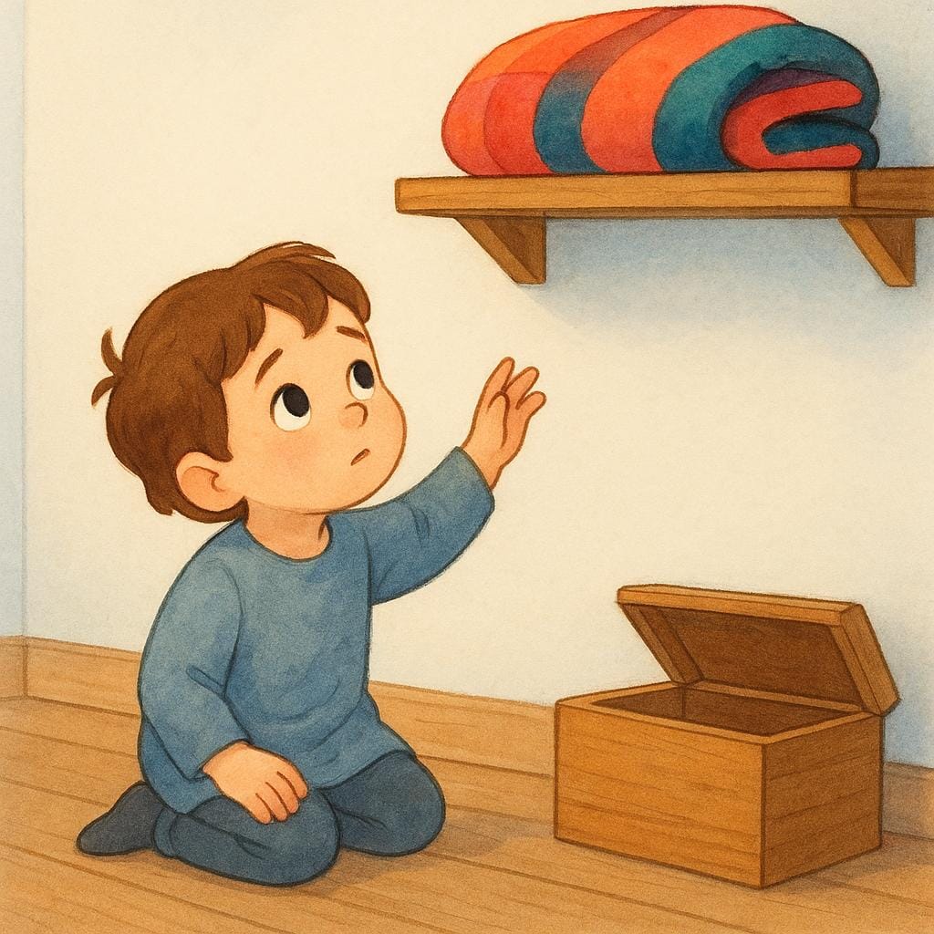 小さな子供が空っぽの木箱のそばにうずくまり、手の届かない高い棚にある明るい色の毛布を恋しそうに見つめている様子。これは必要性や欠乏感を表現しています。