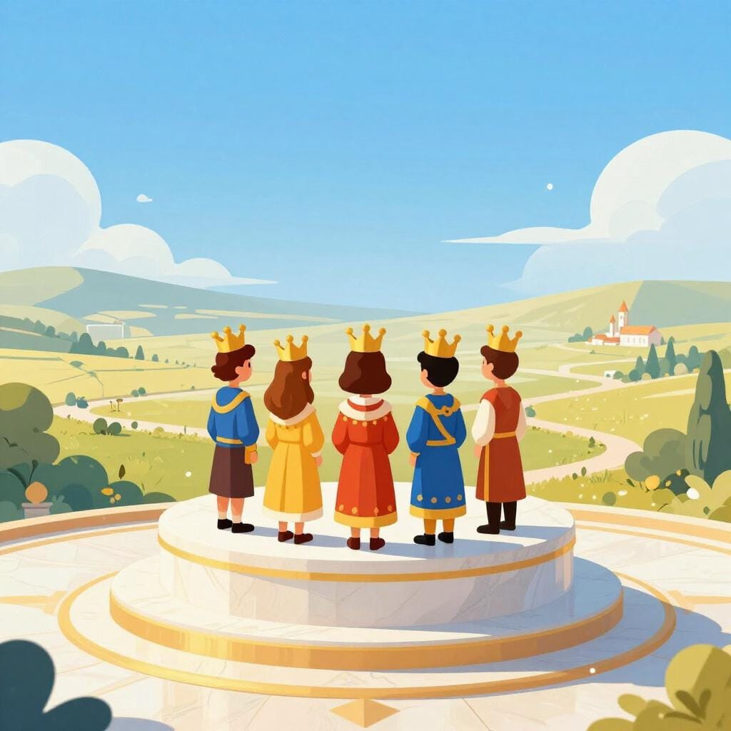 A small group of figures standing on a high, golden platform while others stand on the ground below.