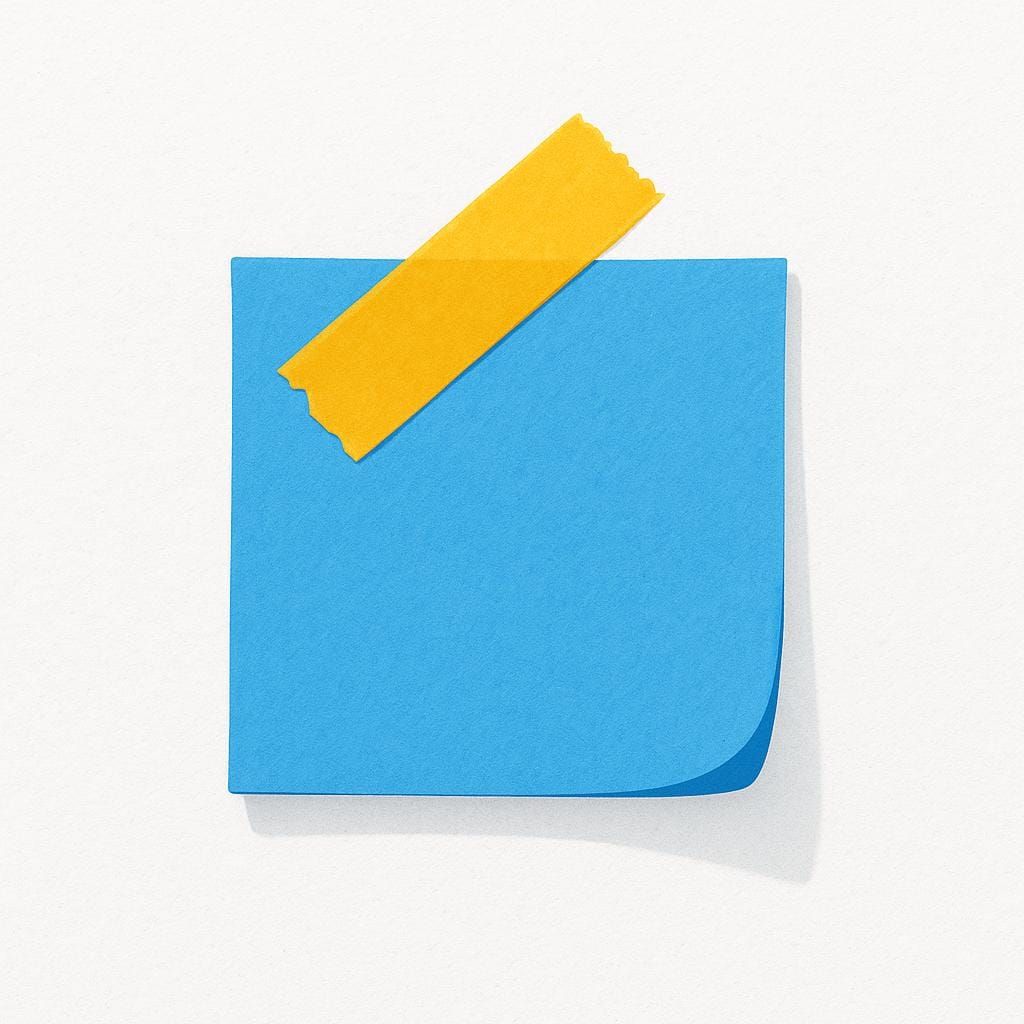 A piece of bright yellow tape firmly sticking a small blue paper square onto a plain wall.