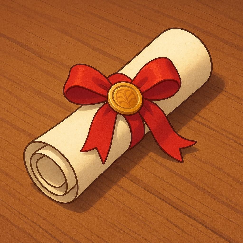 A simple illustration of an official parchment scroll, tightly rolled and tied with a red ribbon and gold seal, symbolizing codified laws and statutes.