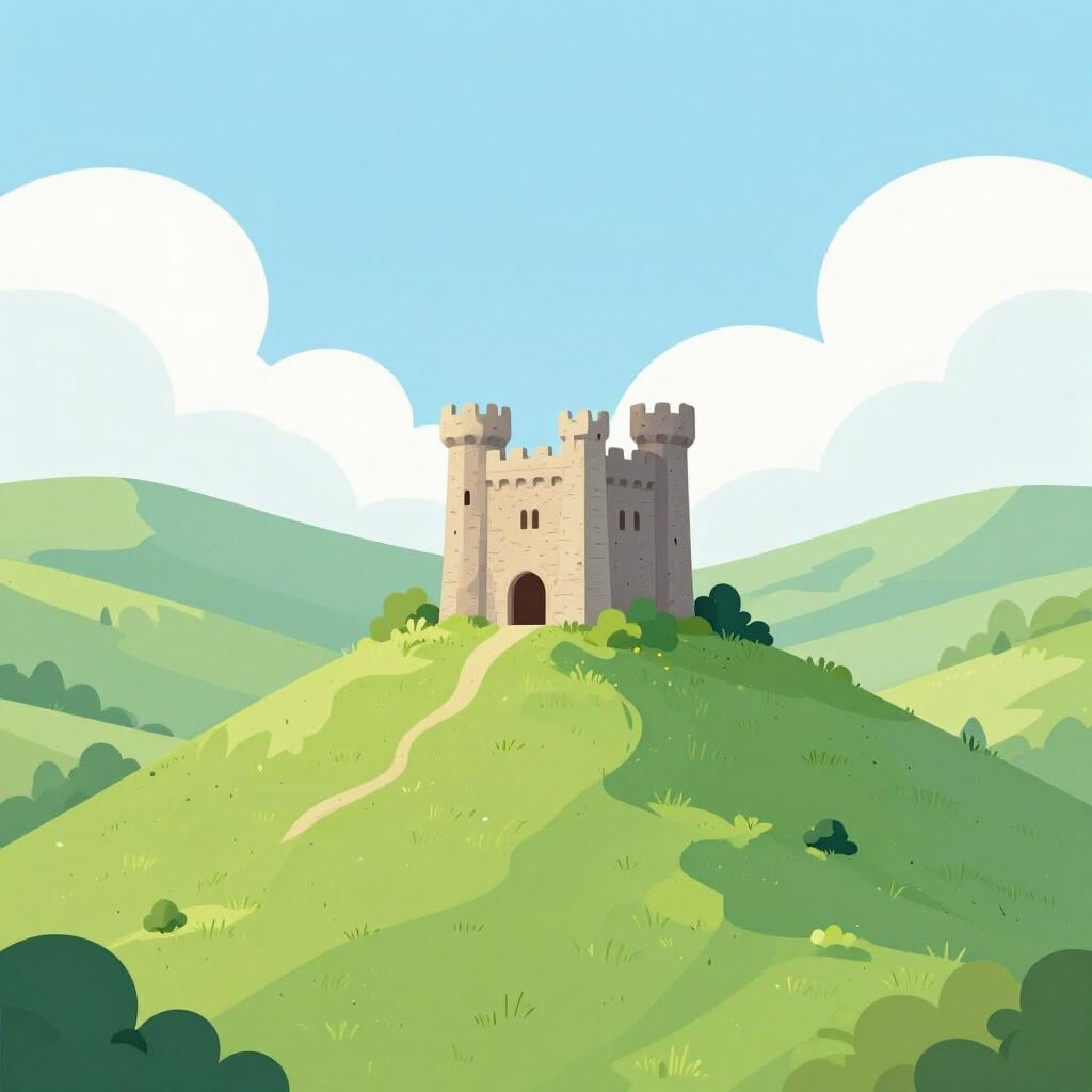 Een klein kasteel gebouwd op de top van een hoge, steile heuvel met uitzicht op een vallei.