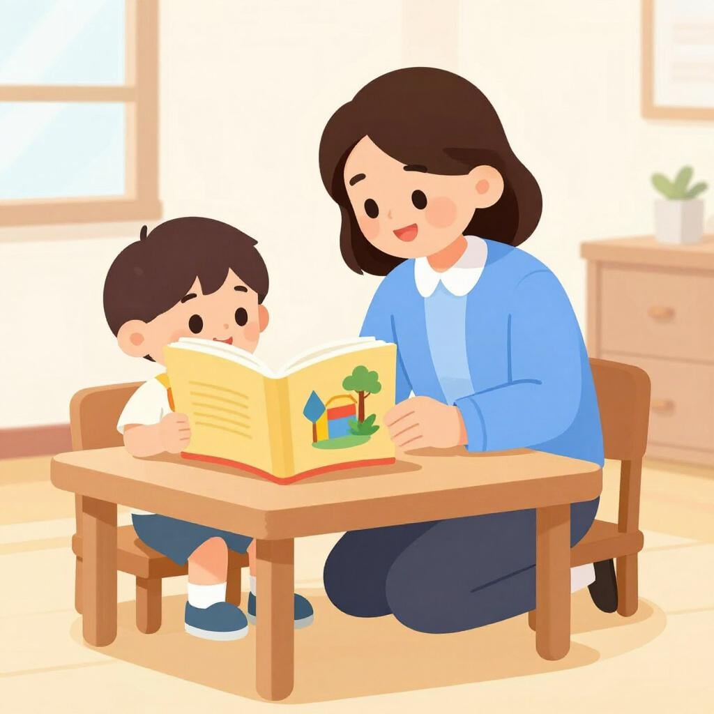 A child and an adult sitting together, looking at a colorful open book with simple drawings of animals.