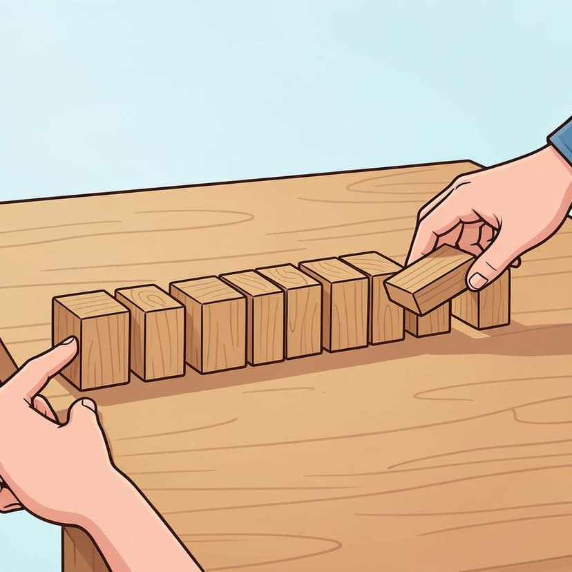 Hands carefully arranging a series of colored blocks in a straight, orderly line.