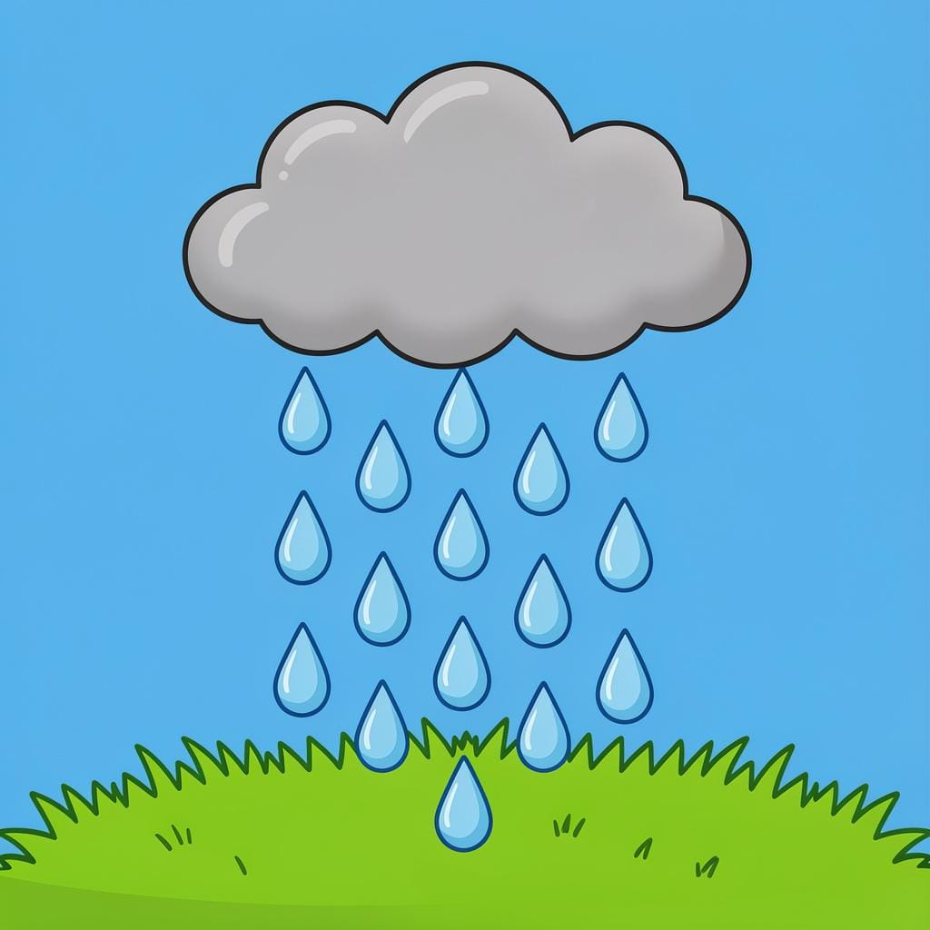 A rainy day scene with blue raindrops falling from a soft gray cloud onto green grass.