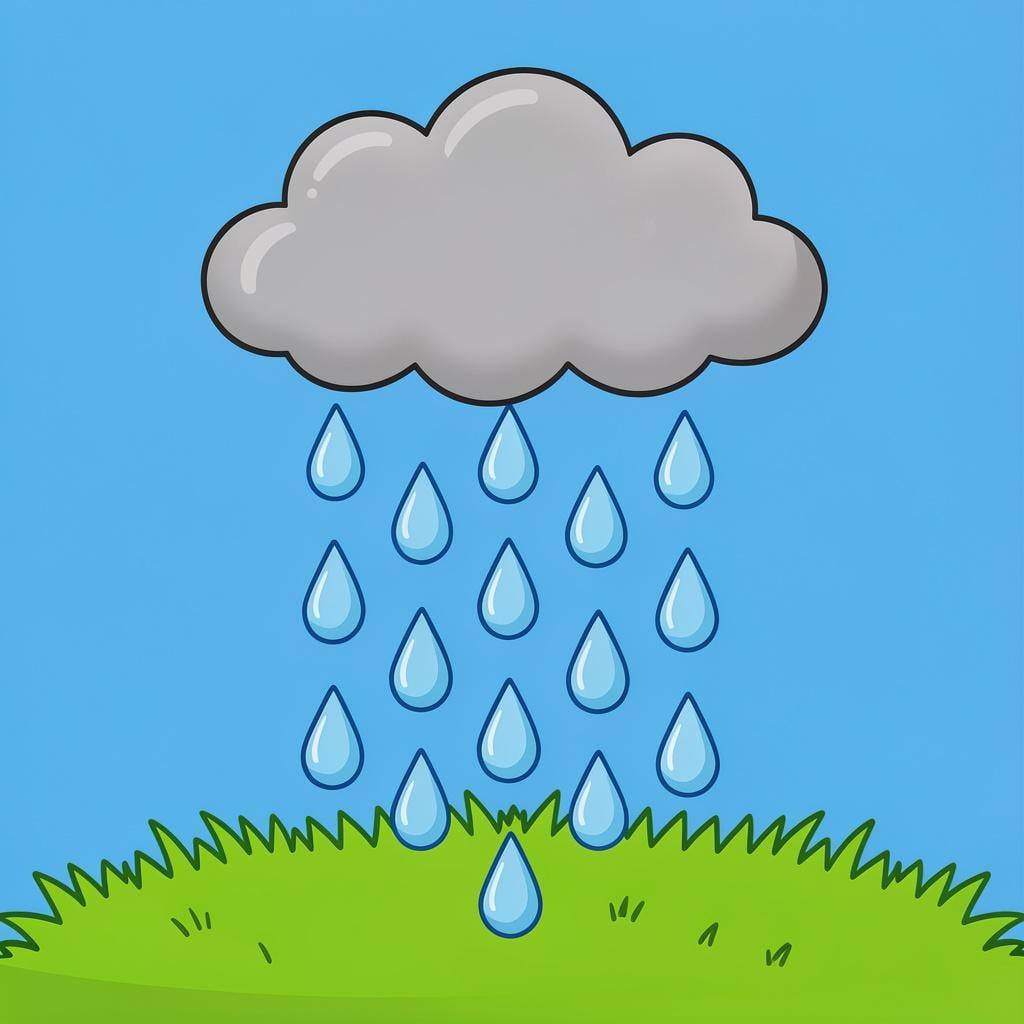 A rainy day scene with blue raindrops falling from a soft gray cloud onto green grass.