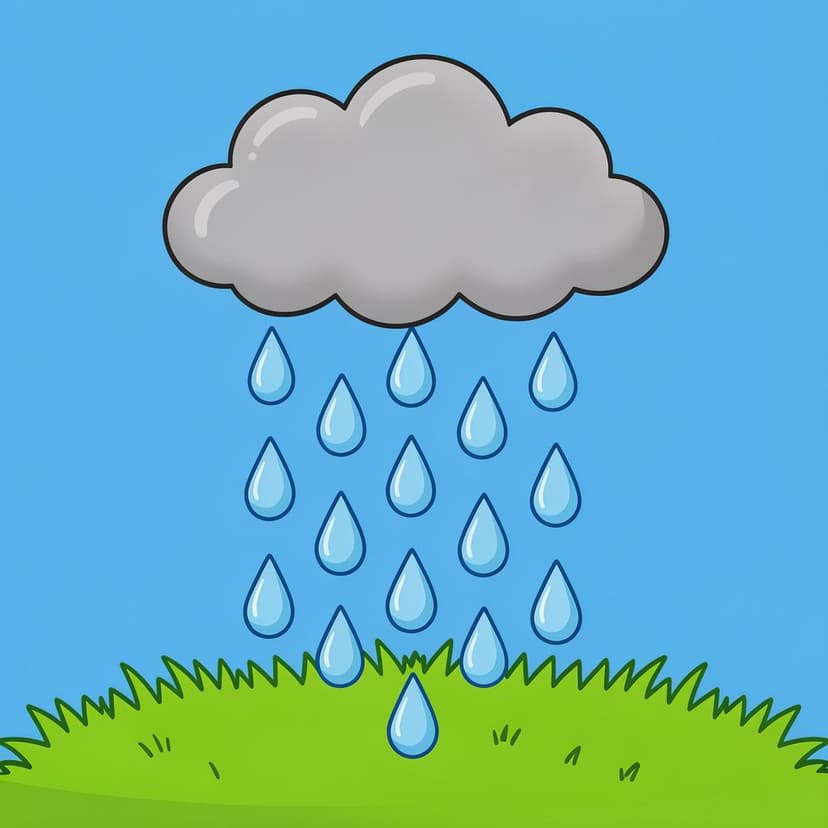 A rainy day scene with blue raindrops falling from a soft gray cloud onto green grass.