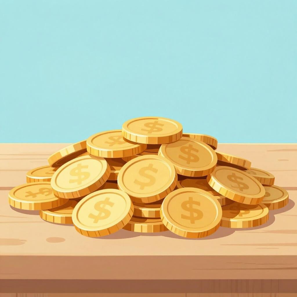 Une grosse pile bien rangée de pièces d'or sur une table en bois simple.