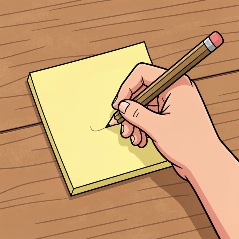 A hand holding a pencil and writing a small note on a yellow sticky note.