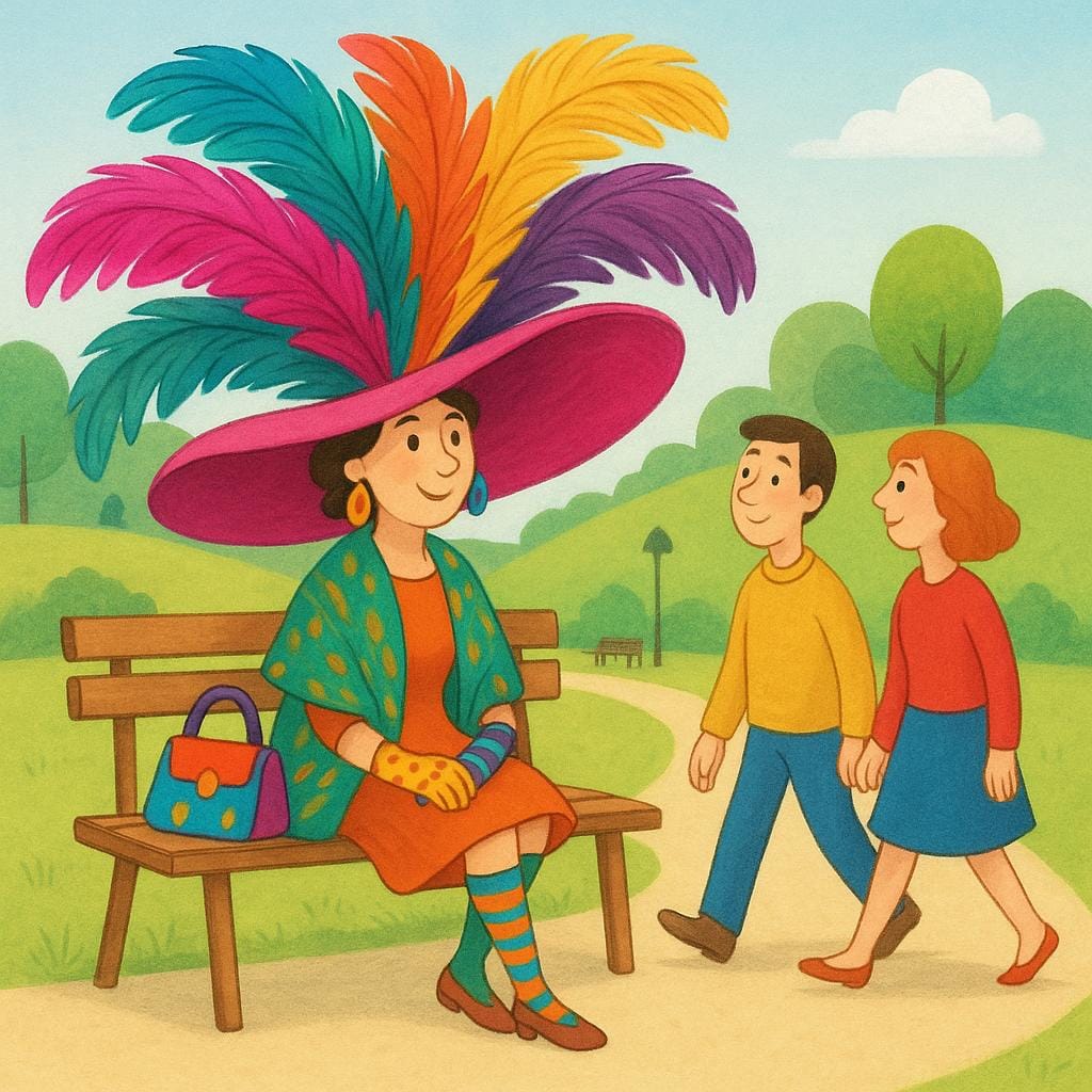 Een vrouw die alleen op een bankje in het park zit met een overdreven, flamboyante hoed en ongebruikelijke kleding, terwijl twee voorbijgangers hun hoofd draaien om haar aan te staren.