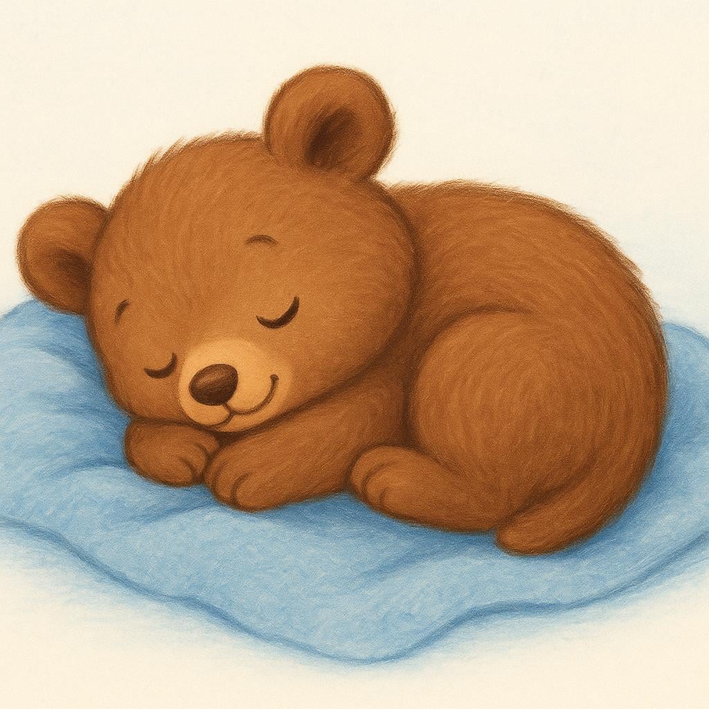 A small, fluffy bear cub sleeping peacefully, curled up on a soft blue blanket in a cozy bedroom.