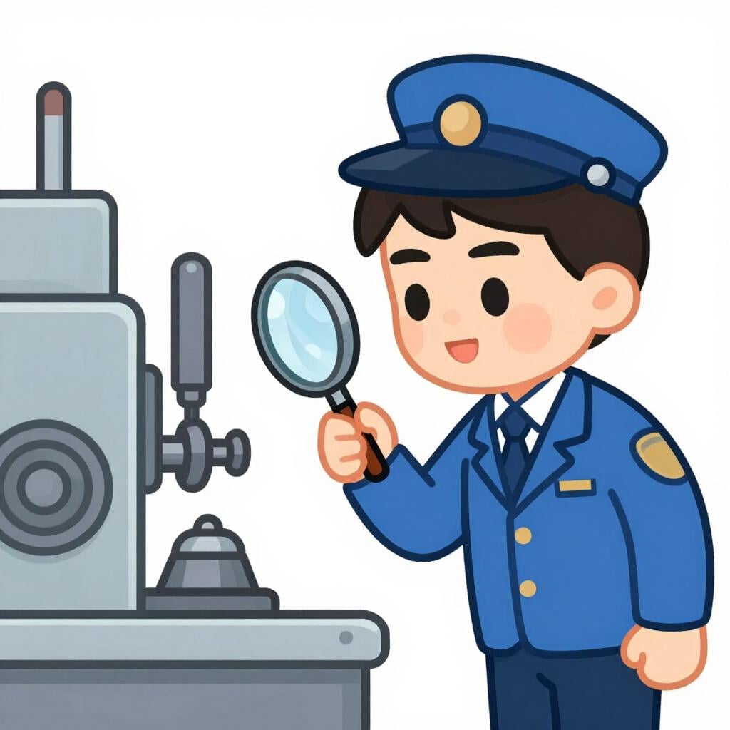 A person in a professional uniform holding a clipboard and inspecting a large machine.