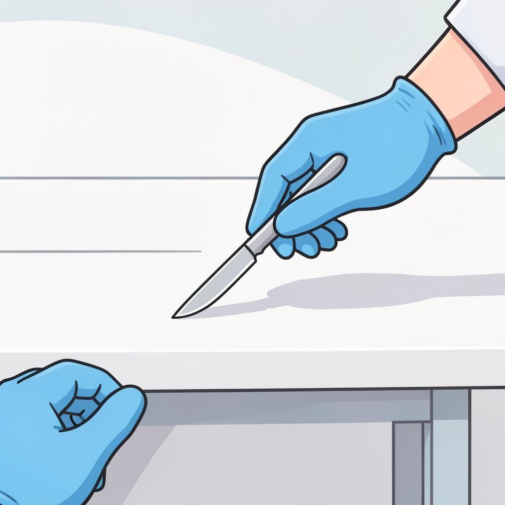 A surgeon's hands in blue gloves holding a small silver scalpel over a clean medical surface.