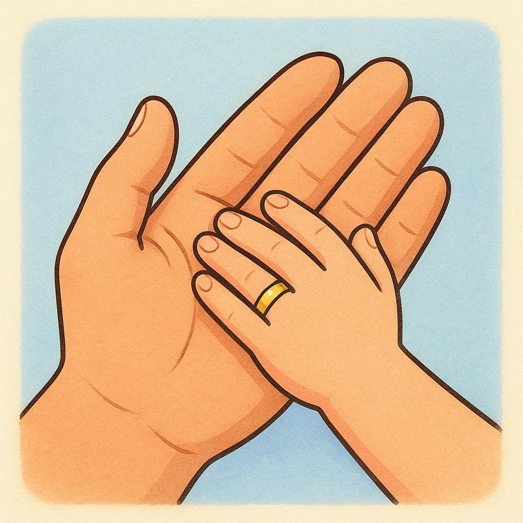 A close-up view of two hands, one slightly larger and one slightly smaller, gently holding. Both hands clearly display a simple gold wedding band on the ring finger.