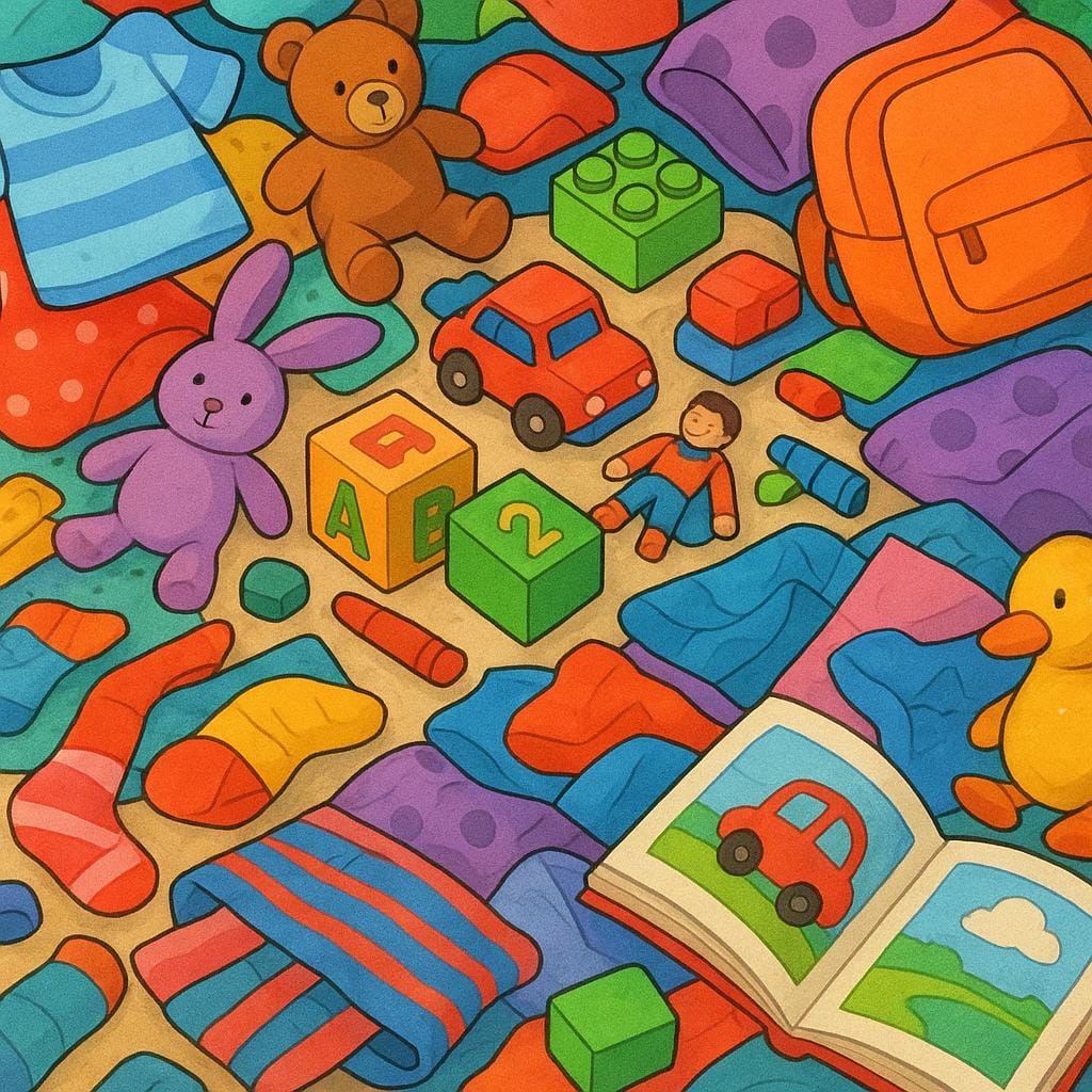 A colorful storybook illustration showing a child's bedroom floor completely covered in a chaotic pile of scattered toys, clothes, and books, depicting severe physical clutter.