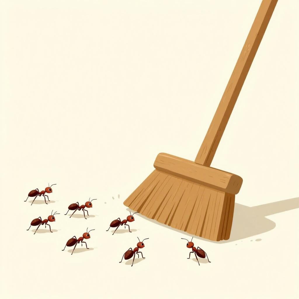 Eine Reihe von mehreren roten Ameisen, die von einem großen Holzbesen auf einem sauberen Boden weggewischt werden.