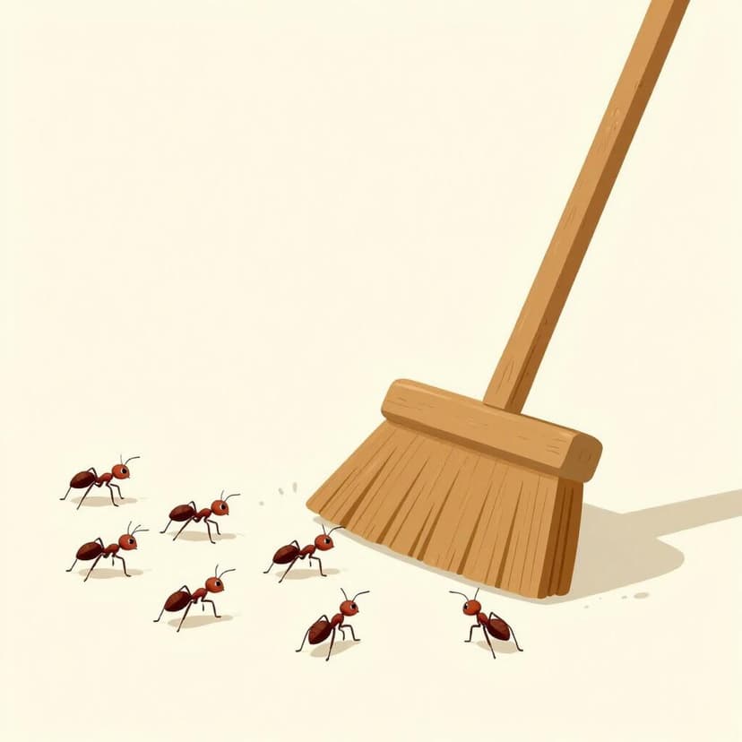 Eine Reihe von mehreren roten Ameisen, die von einem großen Holzbesen auf einem sauberen Boden weggewischt werden.