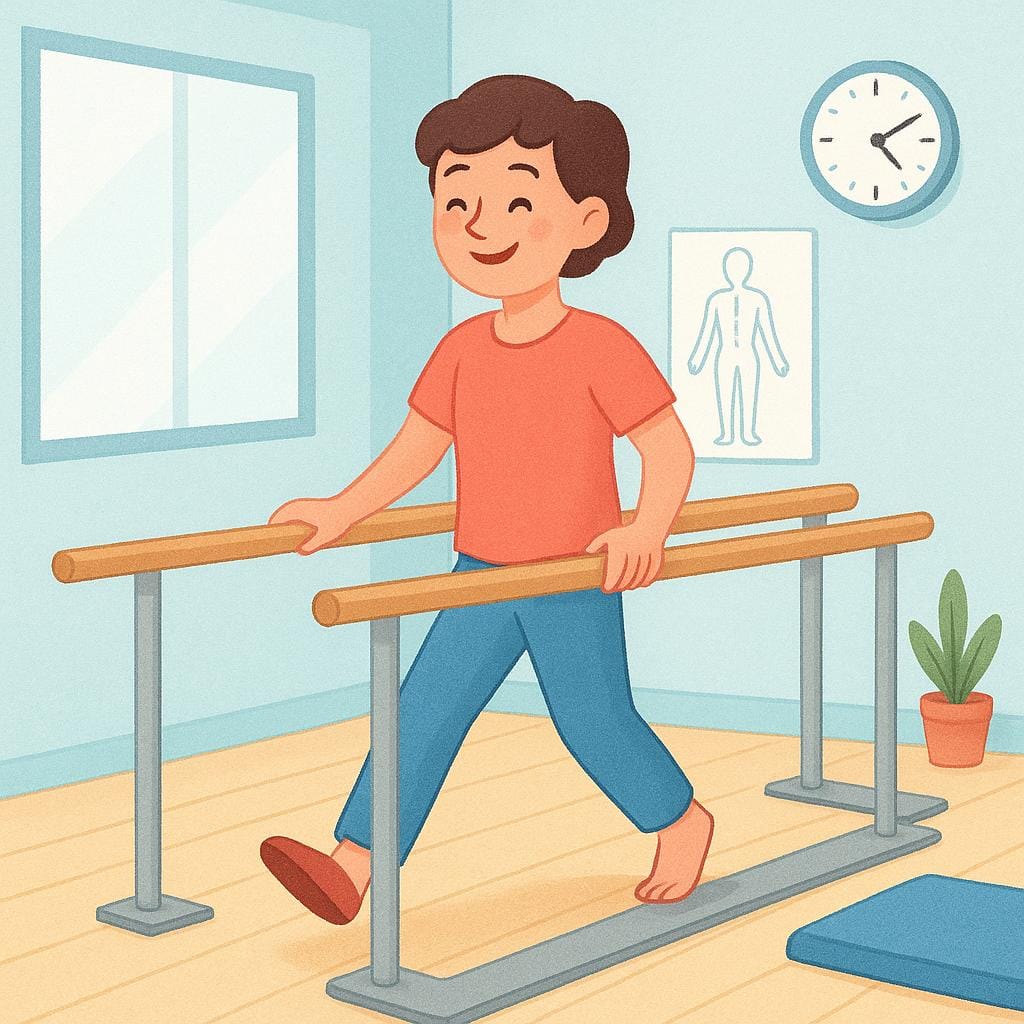 A person smiling while using a physical therapy bar to stand and take a successful step, symbolizing recovery.