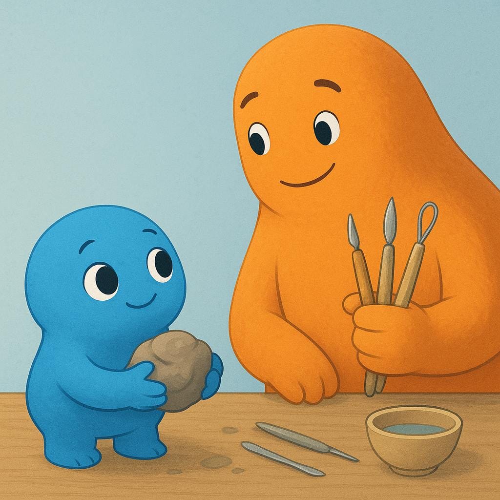 A simple storybook illustration showing a small blue character offering a lump of clay to a large orange character who holds sculpting tools, signifying a request for creation.