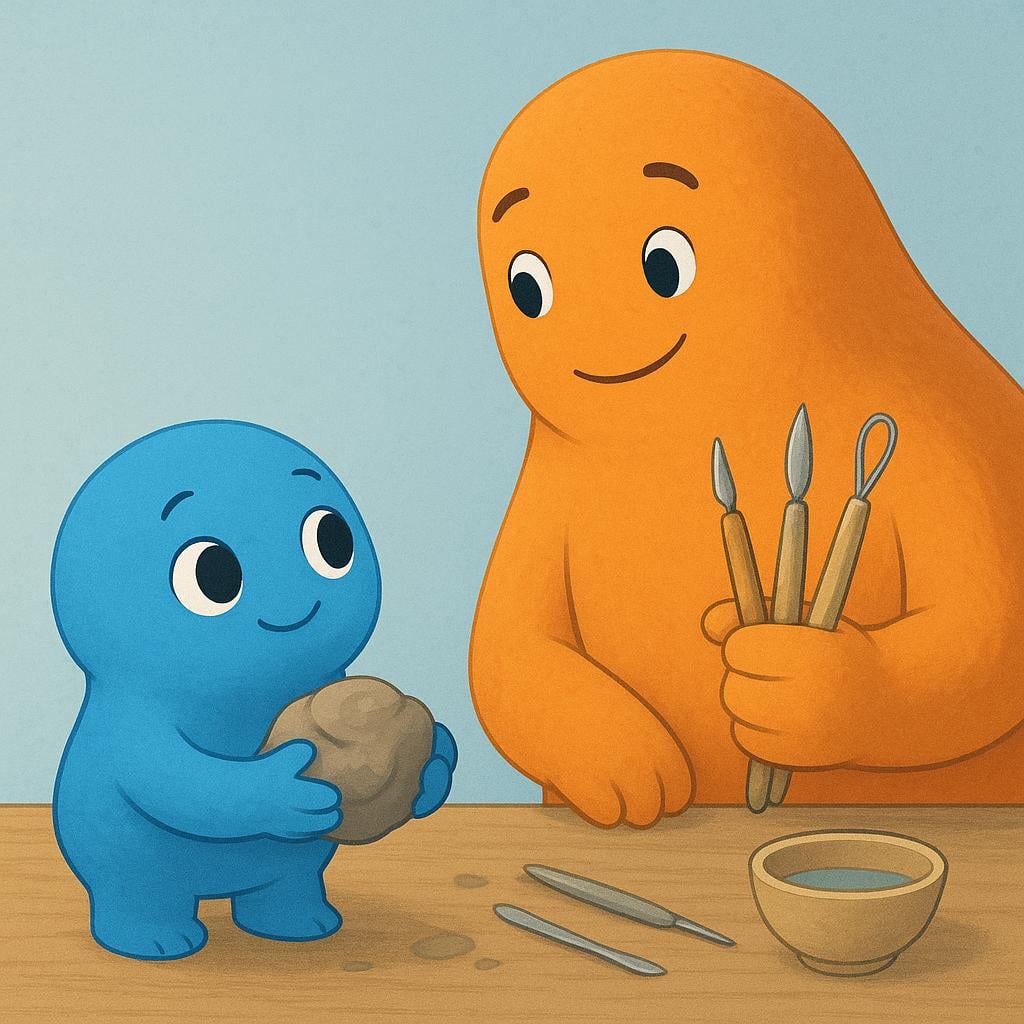 A simple storybook illustration showing a small blue character offering a lump of clay to a large orange character who holds sculpting tools, signifying a request for creation.
