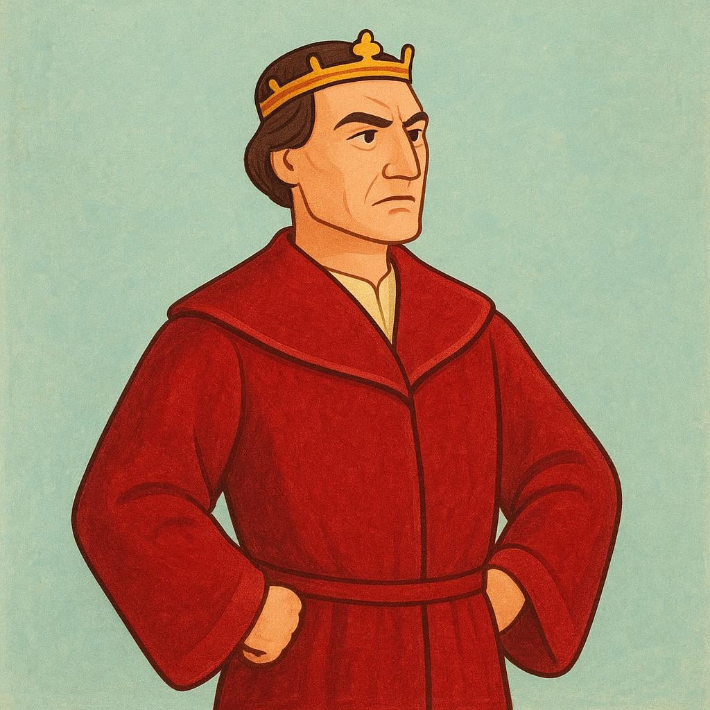 A distinguished nobleman wearing a formal red velvet robe and a small golden coronet on his head, signifying his rank as a baron.