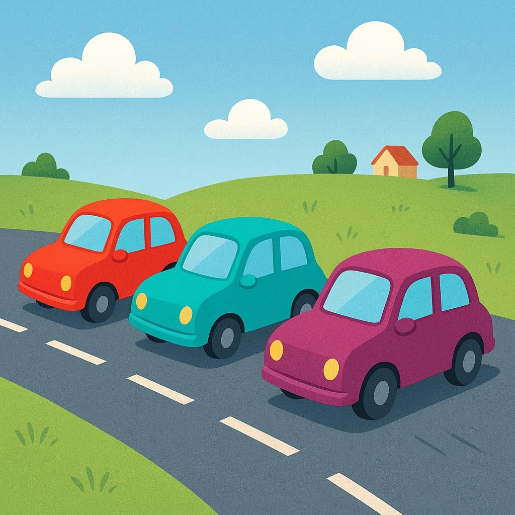 Three brightly colored, simple passenger cars driving along a road.