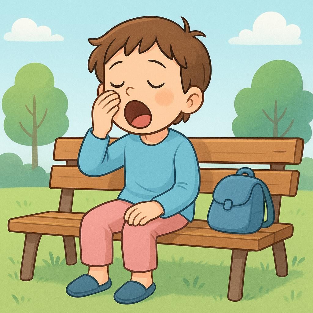 A young person sitting on a bench, looking exhausted, yawning and rubbing their tired eyes.