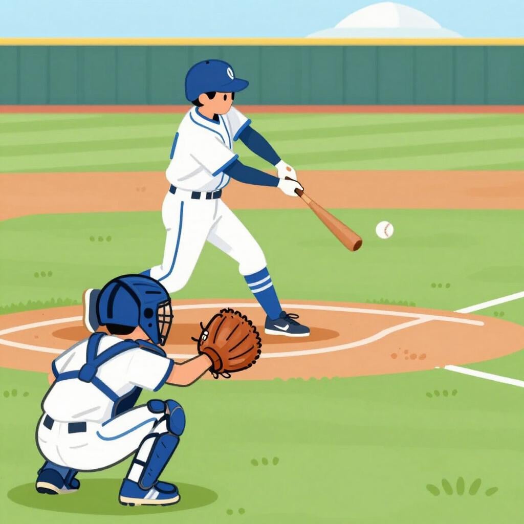 Um receptor de beisebol pegando uma bola em sua luva enquanto um rebatedor erra o swing.