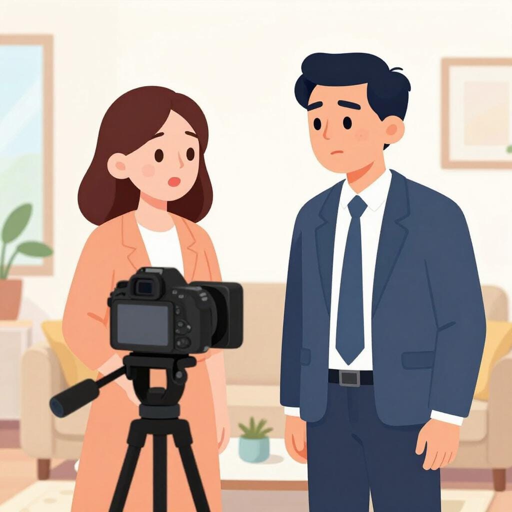 A colorful storybook illustration of a man and a woman in elegant clothing expressing intense emotions on a television set.