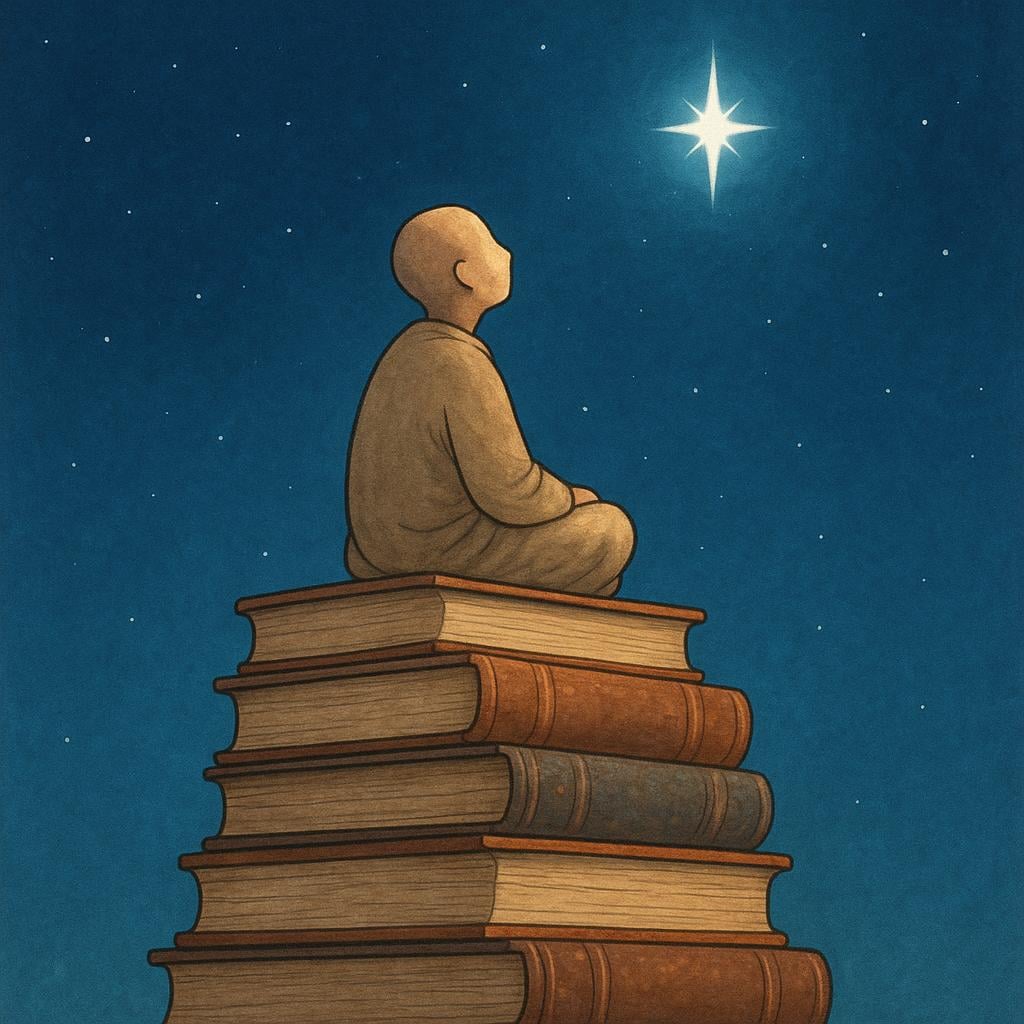 A solitary figure in simple robes sits on a large stack of books, gazing up at a single, brightly shining star in a deep blue night sky, symbolizing deep academic thought.