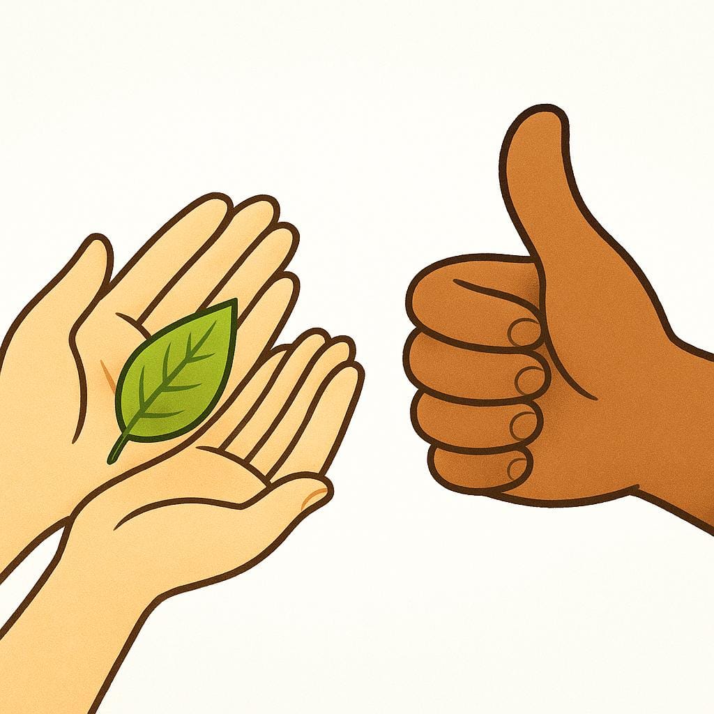 A colorful illustration showing two distinct pairs of stylized hands, emphasizing characteristics or actions that are uniquely human.